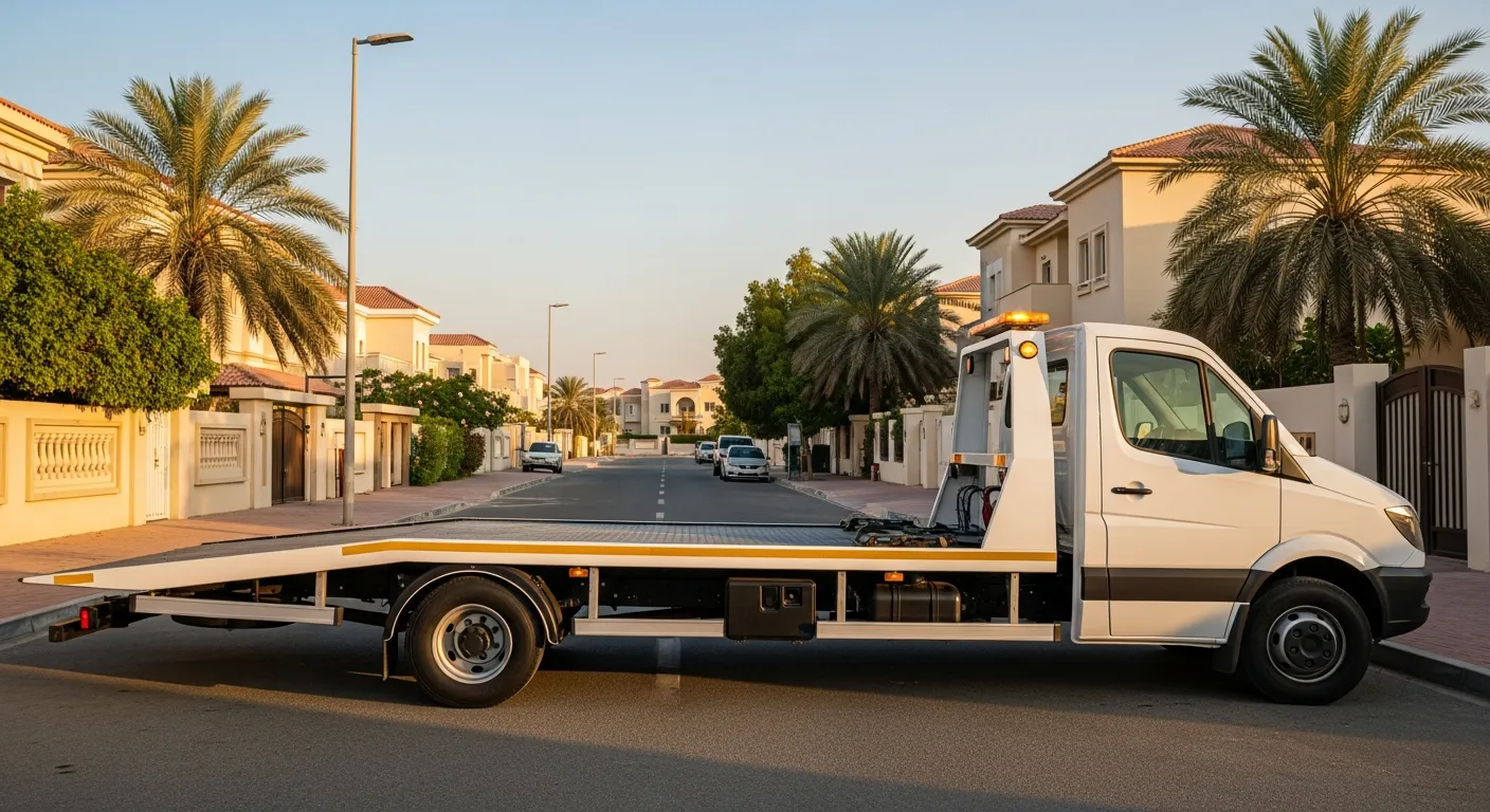 White flatbed recovery truck on a Dubai street, ready for car recovery in Mudon