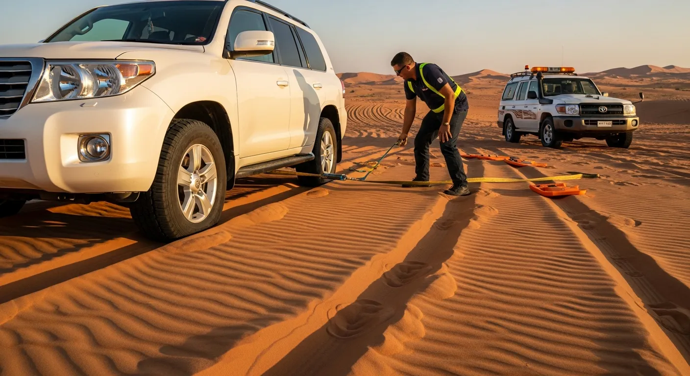 Recovery operator attaching a tow strap to a white Land Cruiser on soft desert sand near Dubai, with a second recovery 4x4 nearby