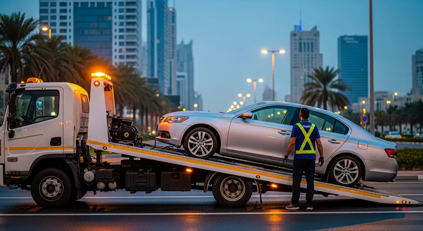 White flatbed recovery truck winching a silver car onto its tilt tray on a Dubai street at dusk
