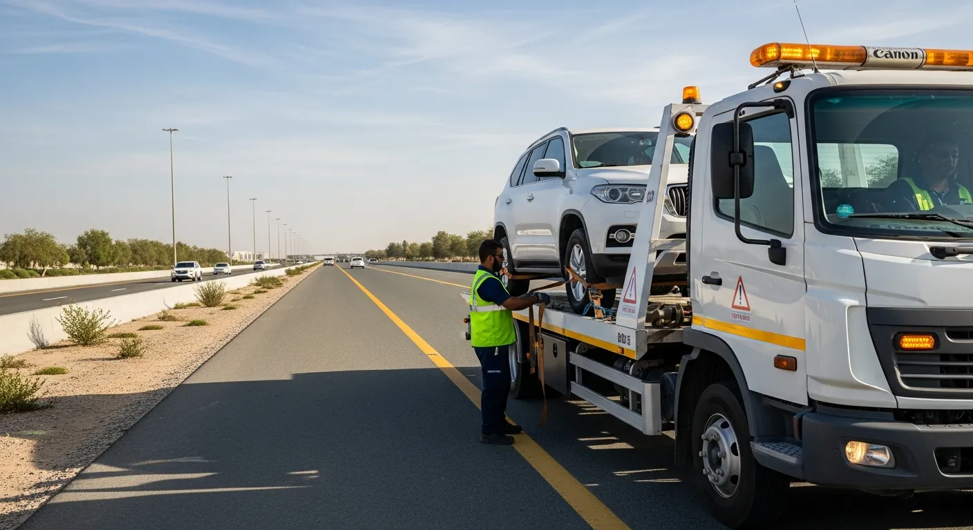 White flatbed recovery truck with a vehicle secured on its tray on a Dubai highway hard shoulder